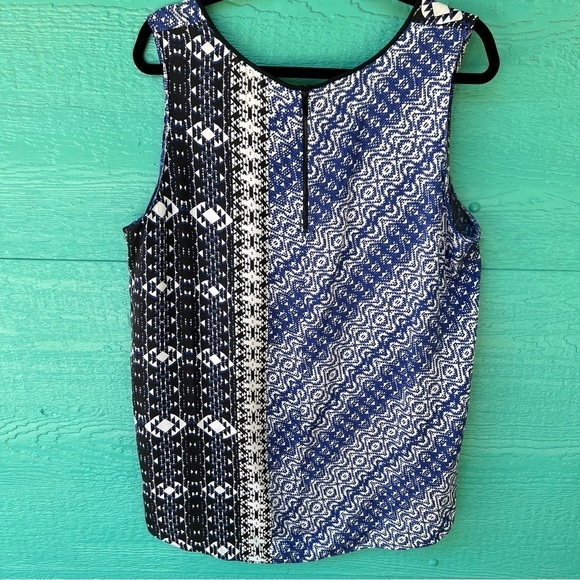 CLEARANCE CLASSIQUES ENTIER SILK TANK TOP BLOUSE BLUE CREAM AZTEC PRINT XL EUC - Picture 2 of 5